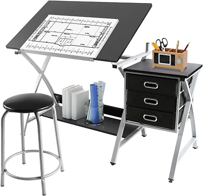 #ad Drafting Desk Drawing Table for Artists Adults Art Desk W Stool and 3 Slide Dr $155.99