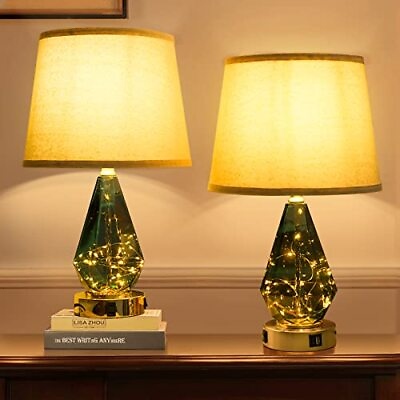 #ad Modern Glass Table Lamp Set of 2Bedside Lamp with Super Fast Charger 20W Green $126.26