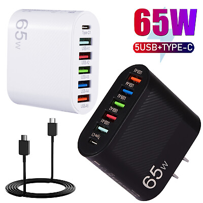 #ad 65W 5 USB Type C Fast Wall Charger PD QC3.0 Adapter Fast Charge Cable Universal $5.95