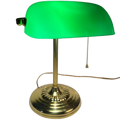 #ad Vintage Bankers Lamp Light Emerald Green Glass Shade Desk Lamp With Brass Base $53.00