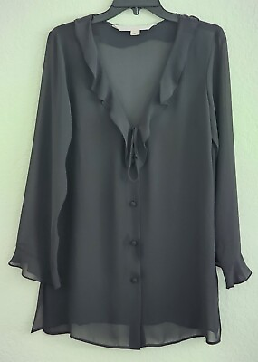 #ad NIGHT SHIRT GOWN VICTORIA#x27;S SECRET BLACK SHEER RUFFLE SHORT BUTTON UP SIZE MED $18.00