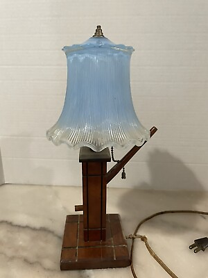 #ad Antique Light Blue 15” Glass Accent Lamp w Glass Shade Wood Lever Pull Switch $120.00