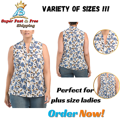 #ad Plus Tie Front Blouse Floral Print Lightweight Breathable Sleeveless Knot Neck $21.65