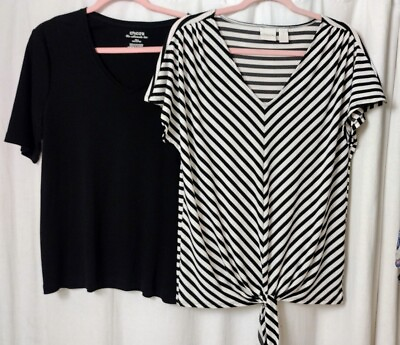 #ad Chicos Size 2 Tops Black Ultimate Tee Angled Knit Kit Striped Tie Front Shirt V $28.00