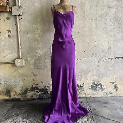 #ad Vintage 1930s Purple Silk Satin Dress Low Back Harlow Maxi Gown Bias Cut Deco $325.00