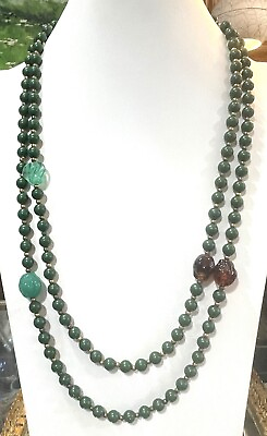 #ad Vintage Green Multi Color Art Glass Yellow Bead Bronze Tone Long Layer Necklace $17.24
