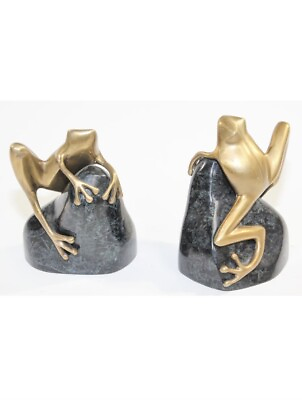#ad Art Deco Cast Polished Brass Frogs on a Rock Bookends circa 1940 $750.00