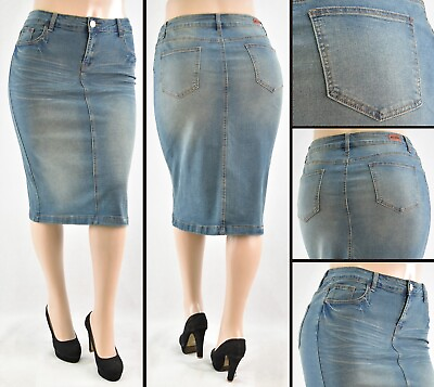 #ad NWT Ladies Denim Skirt 28quot; Midi skirt stretch denim vintage wash #WG 77239 $24.99