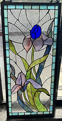 #ad Stained Glass Iris Floral Flower Design Tiffany Style Hanging 20x9quot; Cased Panel $200.00