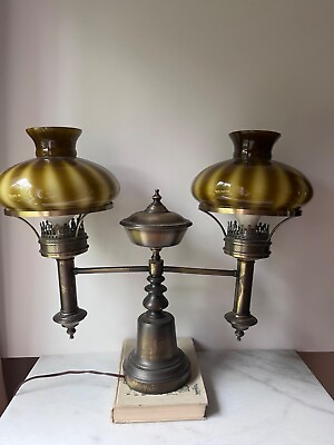 #ad Antique Student Library Brass Lamp Ribbed Globes $299.00