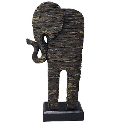 #ad Dark Brown Elephant Statue Trunk Up Carved Ridged Stone Look Tall 14in $39.99