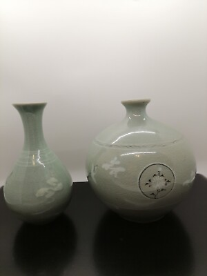 #ad 2 small Korean celadon vases with auspicious clouds and cranes $48.00