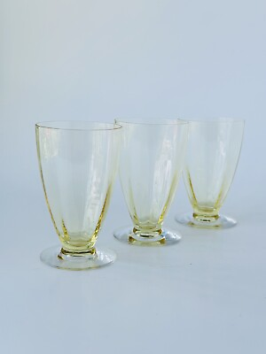 #ad Vintage 1930#x27;S SET OF 3 DEPRESSION GLASS YELLOW Footed Drinking Glass Optic Rib $29.99