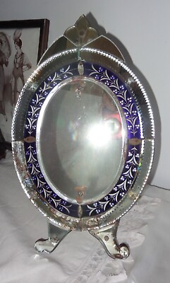 #ad DEALER RITA Antique framed cobalt blue oval Venetian mirror decorative $350.00