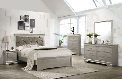 #ad 5 piece Amalia Queen Champagne Silver Upholstered Panel Bedroom Set $1249.00