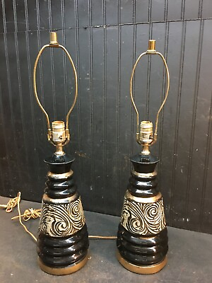 #ad Vtg. Pair of MCM Mid Century Ceramic Table Lamps Gold Atomic Swirls Black 24quot;H $225.00
