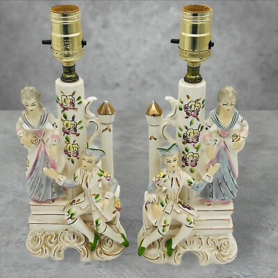 #ad Vintage Pair of Victorian WALLS Porcelain Colonial Courting Couple Lamps Japan $43.99