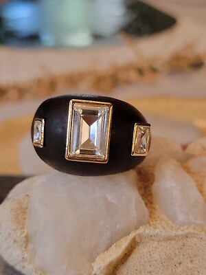 #ad ZARA Wood Ring W 3 Metal Framed Crystal Appliqué Size 7 Boho $16.00