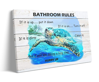 #ad Bathroom Rule Bathroom Wall Decor Blue Beach Picture Ocean Turtle Canvas Picture $23.99