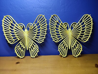 #ad Vintage 1970#x27;s Burwood Prod Yellow 13quot; Plastic Wall Hanging Butterflies Pair EVC $26.99