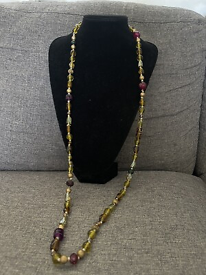 #ad Vintage Long Collar Stone Glass Wood Beaded Necklace $50.00