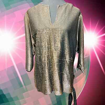 #ad Vintage Teddi Of California 70s Gold Lurex Sparkle Side Tie Disco Top Blouse 14 $36.00