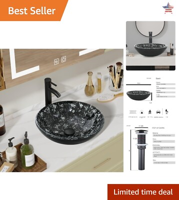 #ad 16.5quot; Artistic Glass Bathroom Vessel Sink with Faucet Mounting Ring amp; Pop Up... $189.99