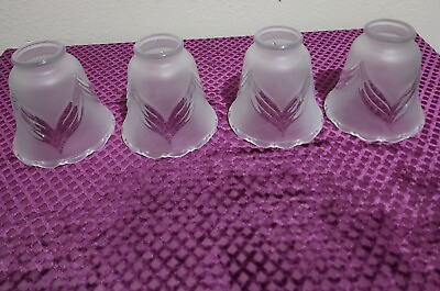 #ad 4 Vtg Frosted Satin Glass Embossed Glass Lamp Shades Bell Pendant $60.00