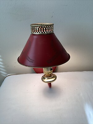 #ad Vintage Toleware Red with Gold Trim Sconce Wall Lamp Metal Shade Electric $25.00