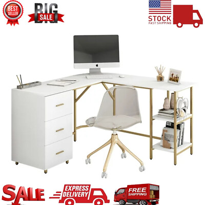 #ad L Shape Corner Desk w Storage Laptop Gaming Table Computer Office Home Table US $160.33