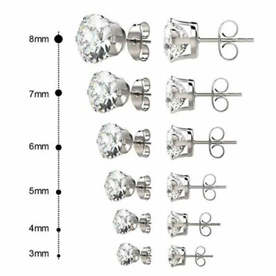 #ad 6 Pairs Set Stainless Steel Round Clear Cubic Zirconia Men Women Stud Earrings $7.99