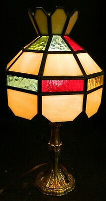 #ad Vintage 24 Panel Slag amp; Stained Glass Table Lamp w Red Green Blue Panes V. Good $84.99