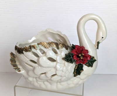 #ad Vintage Swan Planter Trinket Bowl off White Porcelain Gilded FLAWED christmas $4.99