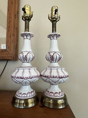 #ad Pair of Vintage Porcelain Table Lamps Purple And White Brass Base W harps $195.00