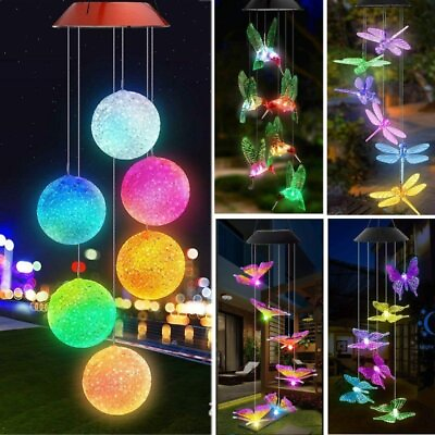 #ad Solar Wind Chimes Lights LED Color Changing Hanging Hummingbird Ball Garden Lamp $69.59
