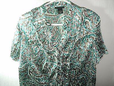#ad WOMENS TEAL GREEN BROWN WHITE POLY CRINKLE CAREER BLOUSE TOP SHIRT SIZE 14 16 48 $9.99