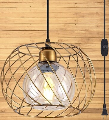 #ad #ad YL17A Gold Cage Plug In Amber Glass Inner Shade Pendant Hanging Lamp Swag Lights $48.36