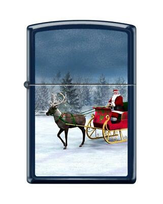 #ad quot;Reindeer Pulling Sleigh with Santa Clausquot; Zippo Lighter Navy Matte Free Ship $28.95
