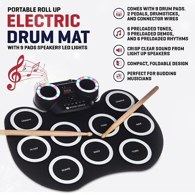 #ad WICKED GIZMOS ELECTRONIC RECHARGEABLE DRUM MAT W 9 PADS SPEAKERS LED LIGHTS GBP 27.99