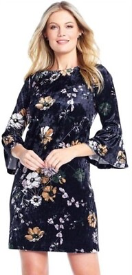 #ad ADRIANNA PAPELL Serene Garden Black Floral Crushed Velvet Bell Sleeve Dress 4 $27.99