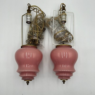 #ad Vintage Pink Glass Hanging Lamps Set of 2 Brass Chain Long Cord Plugin Tested $89.95
