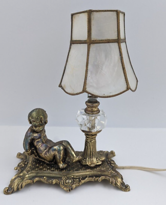 #ad Vintage Art Nouveau Cherub L amp; L WMC Loevsky Small Brass Lamp Oyster Shell Shade $89.99