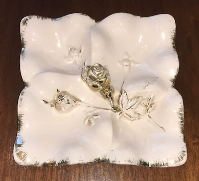 #ad VINTAGE ANTIQUE? VERY LIGHT PINK PORCELAIN TRAY BRUSHED GOLD ROSES 4 COMPARTMENT $19.95