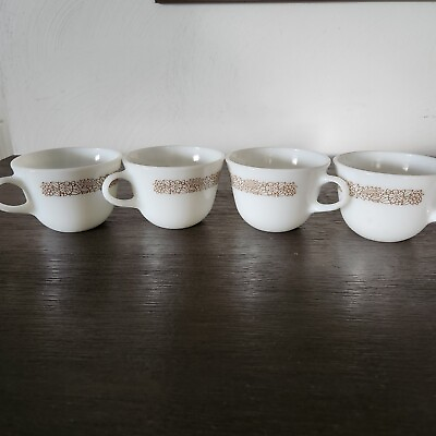 #ad Vintage Pyrex White Milk Glass Brown Woodland Flowers Coffee Tea Cups Set of 4 $16.00