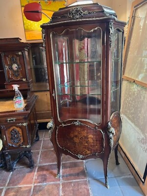#ad Antique Mahogany French Display Cabinet Marquetry Inlay Brass Ormalu Mounts. $2950.00