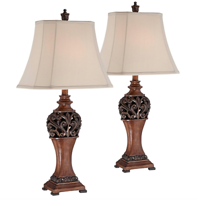 #ad Set 2 Pair Bronze Table Lamps Leaf Creme Shade Beautiful Carved Scroll 30quot; H $124.97
