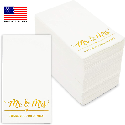 #ad 100 Pack White Napkins for Wedding Reception with Gold Foil Mr and Mrs 3 Ply $23.45