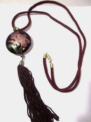 #ad VINTAGE PUFFED TWO DOUBLE SIDED CLOISONNE PENDANT NECKLACE TASSEL FLOWERS $15.00