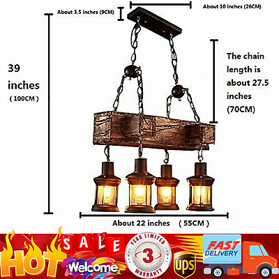 #ad Rustic 4 Heads Chandelier Wood Industrial Ceiling Lamp Pendant Light Fixture USA $72.38