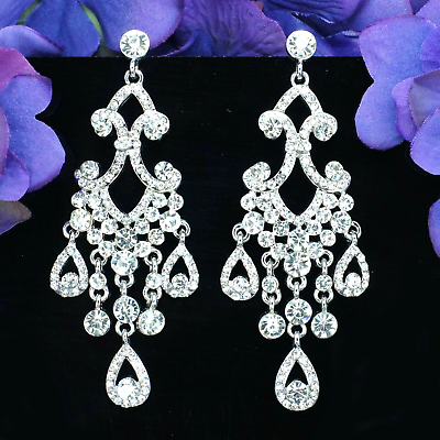 #ad Rhodium Plated Clear Crystal Rhinestone Wedding Chandelier Drop Dangle Earrings $13.99